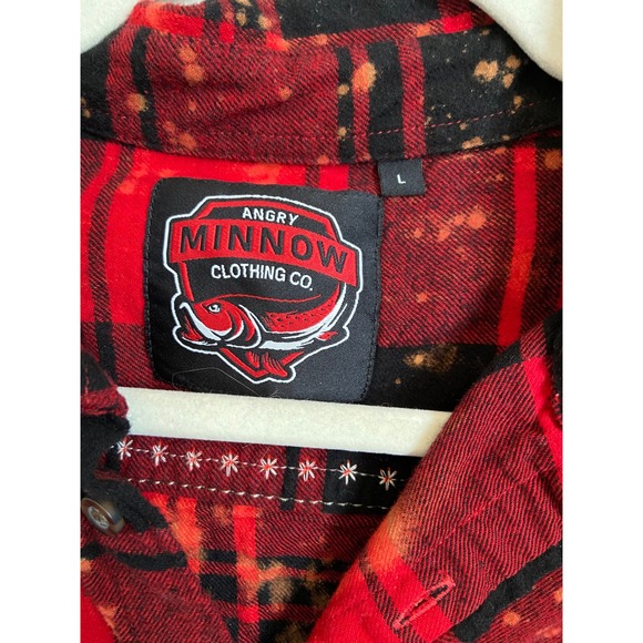Angry Minnow Vintage Bleached Flannel Shirt Red Plaid Retro Santa Patch Large - Picture 3 of 8